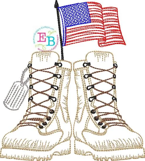 Boots Dog Tags Flag Sketch Embroidery Design