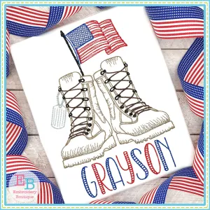Boots Dog Tags Flag Sketch Embroidery Design