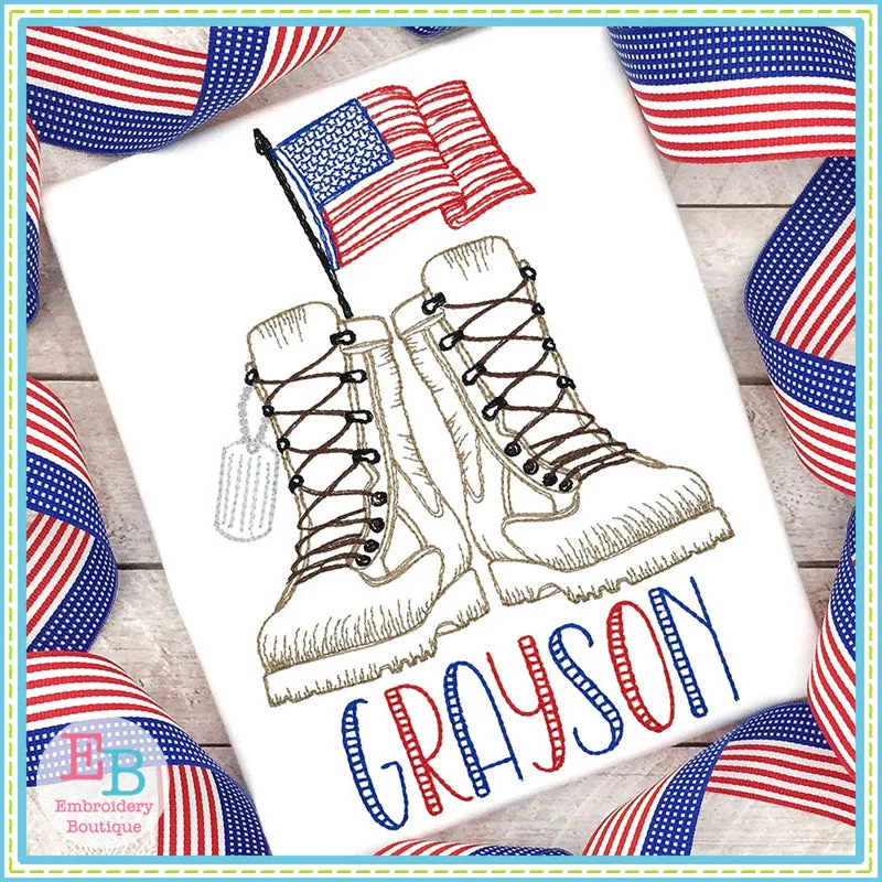 Boots Dog Tags Flag Sketch Embroidery Design
