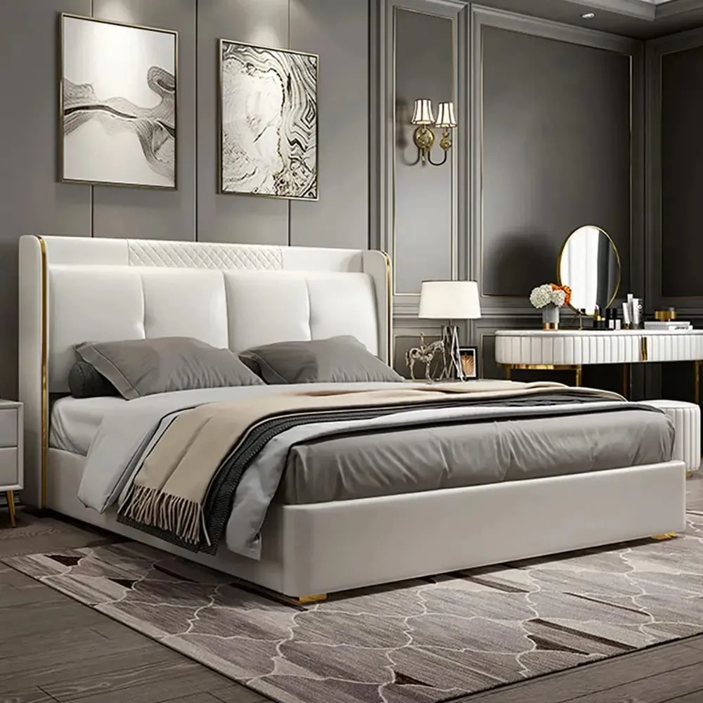 Tony Upholstered Bed with Storage in Off White In Leatherette