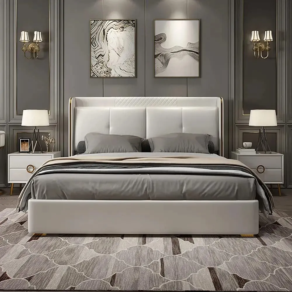 Tony Upholstered Bed with Storage in Off White In Leatherette