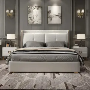 Tony Upholstered Bed with Storage in Off White In Leatherette