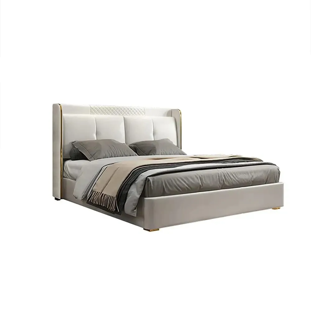 Tony Upholstered Bed with Storage in Off White In Leatherette