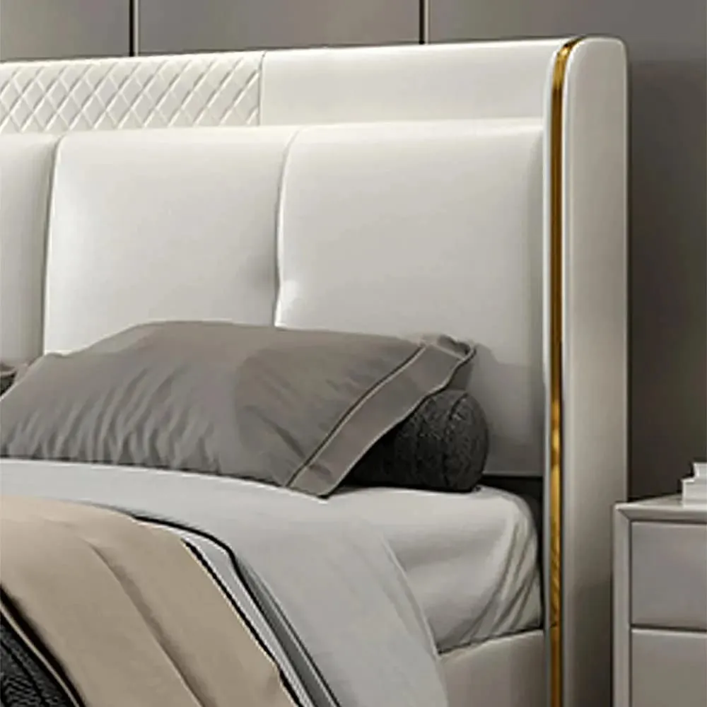 Tony Upholstered Bed with Storage in Off White In Leatherette